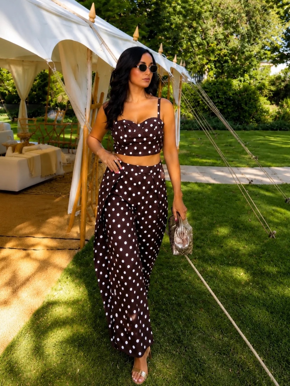Commense Polka Dot Two-Piece Wide-Leg Pants Set - Brown Large